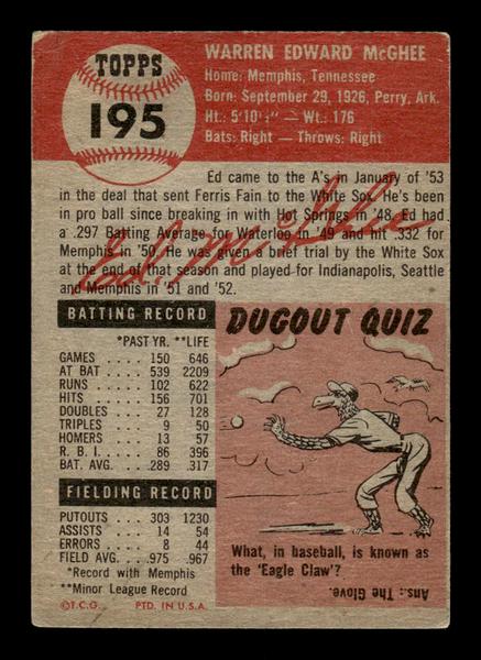1953 Topps #195 Ed McGhee Philadelphia Athletics Crease Free EX HOF-10006480