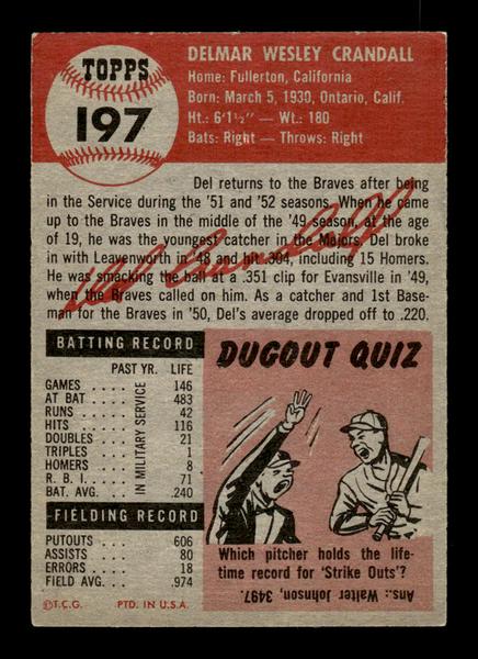 1953 Topps #197 Del Crandall Milwaukee Braves Crease Free EX HOF-10006482