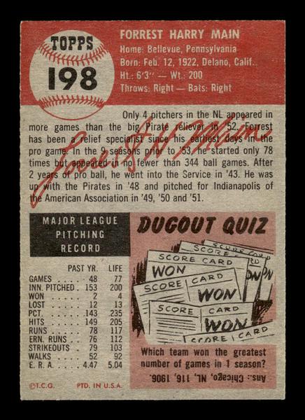 1953 Topps #198 Forrest Main Pittsburgh Pirates Crease Free EXMT HOF-10006483