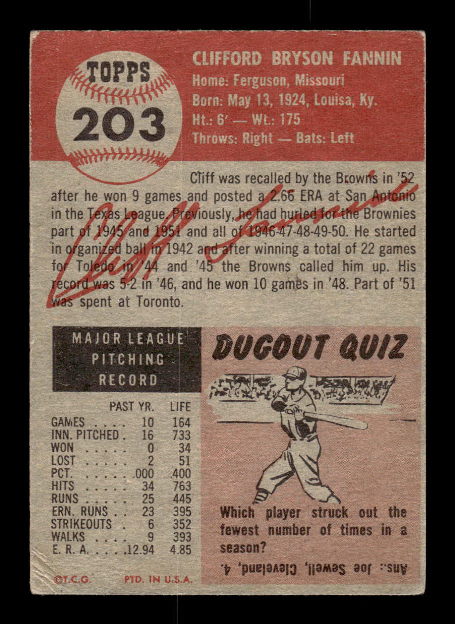 1953 Topps #203 Cliff Fannin St. Louis Browns Crease Free VGEX HOF-10006560