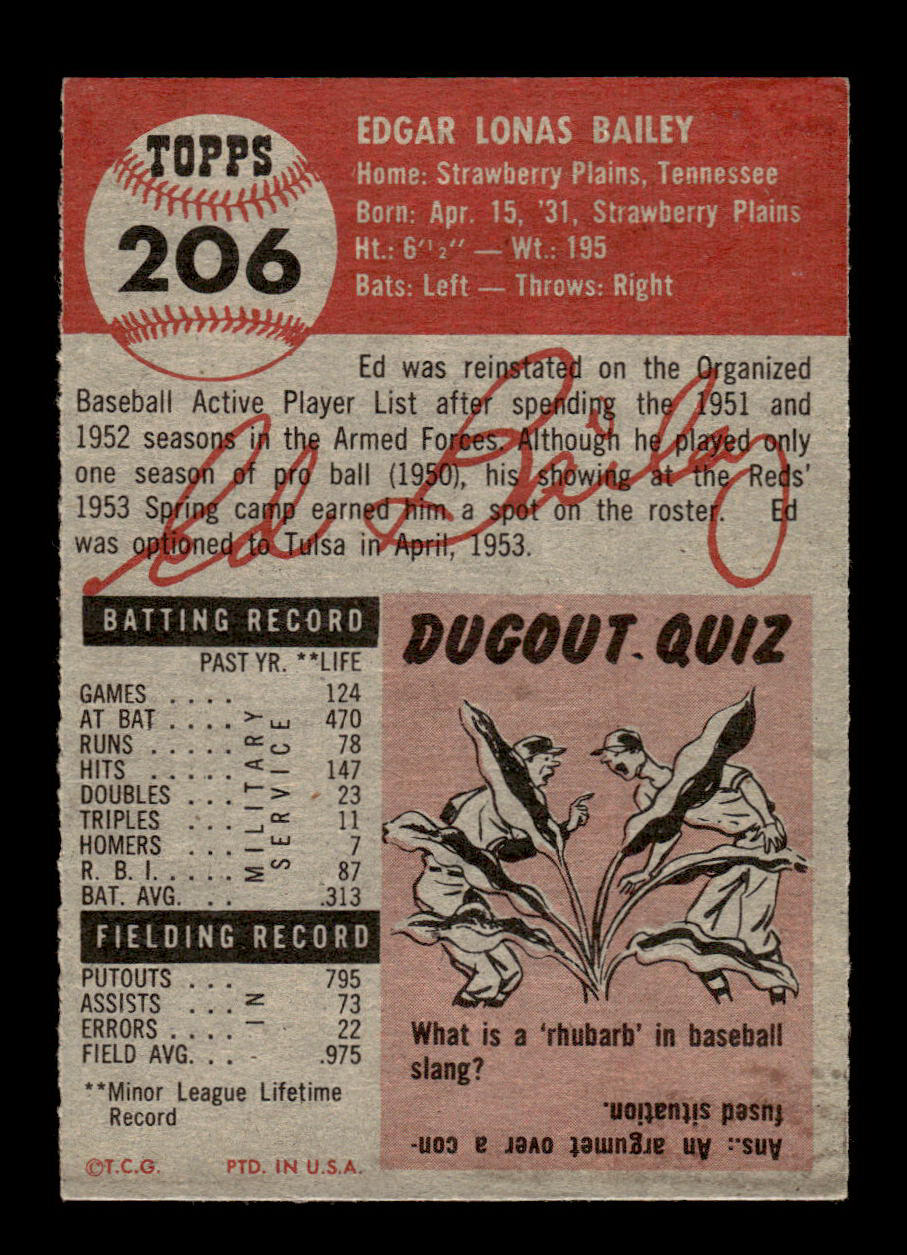 1953 Topps #206 Ed Bailey Cincinnati Reds Crease Free EX HOF-10006563