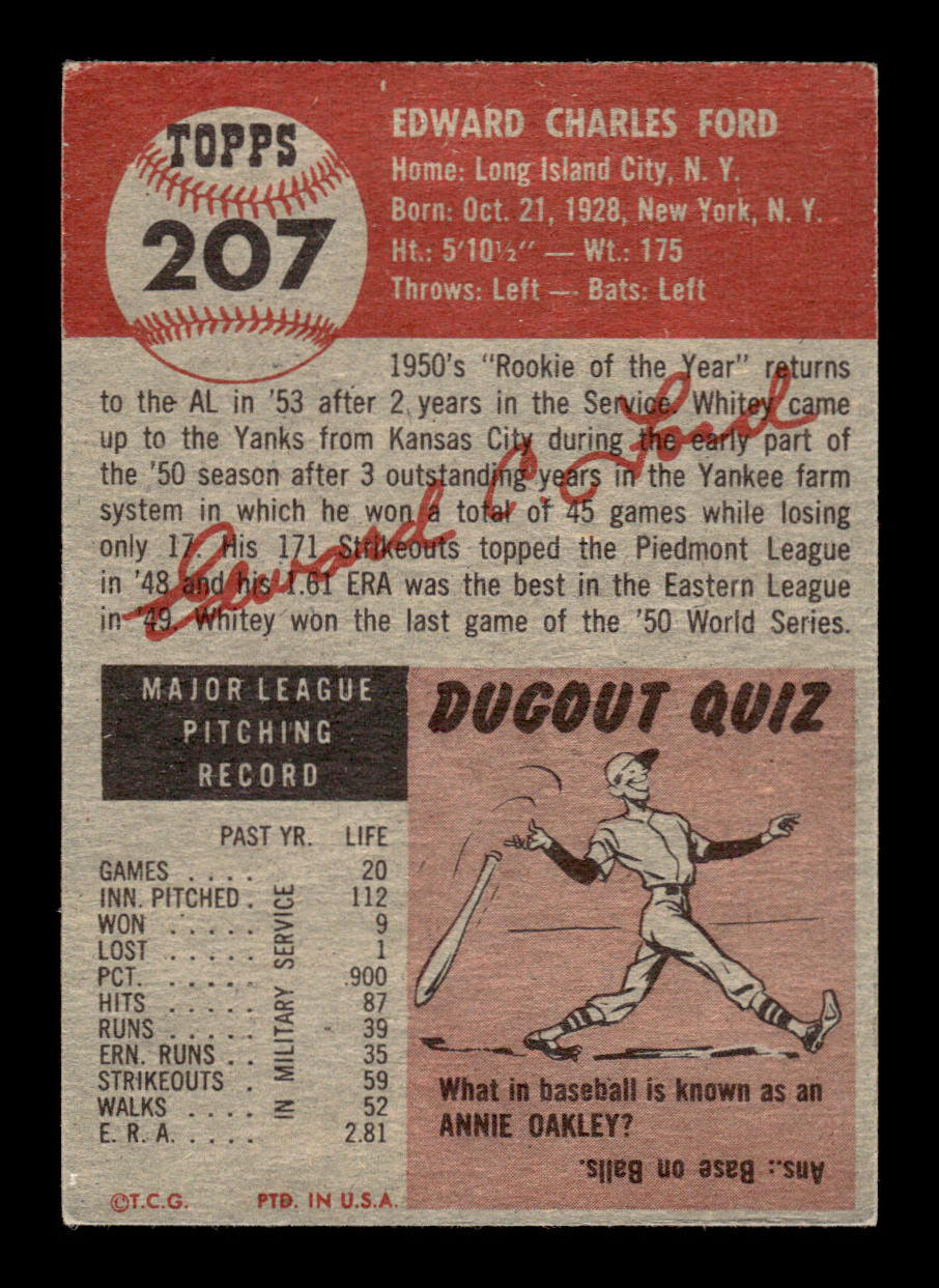 1953 Topps #207 Whitey Ford New York Yankees Crease Free EX HOF-10006564