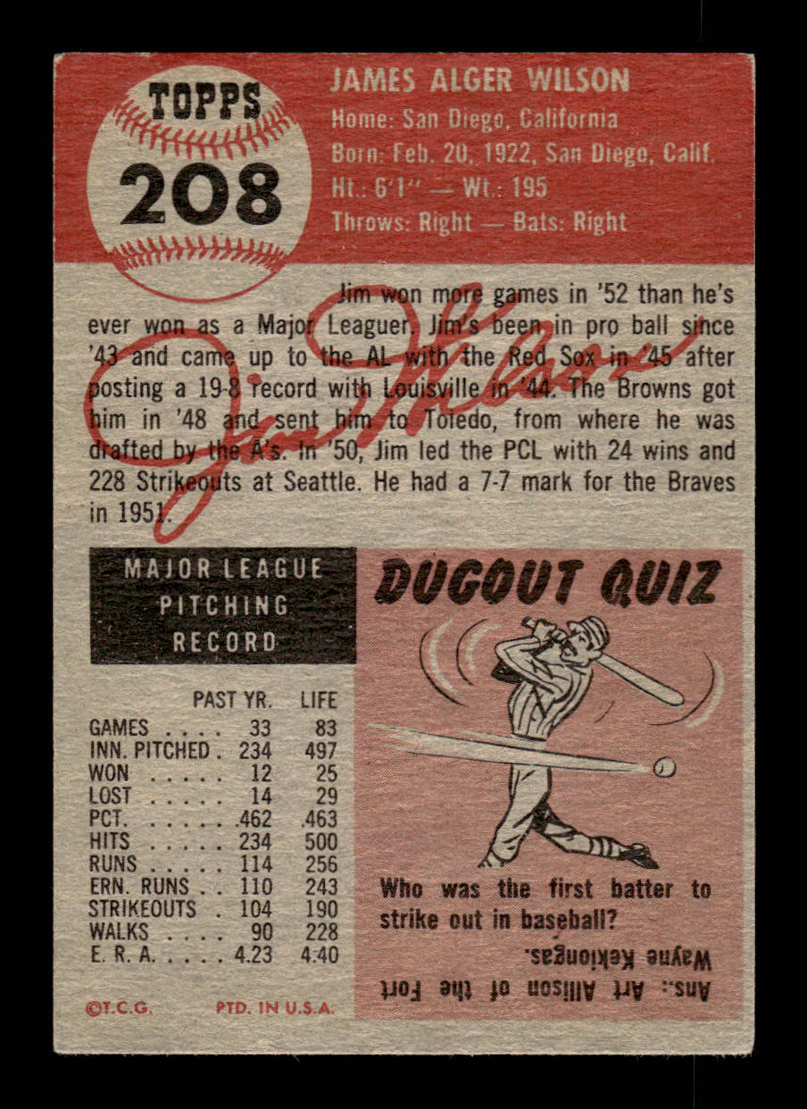 1953 Topps #208 Jim Wilson Milwaukee Braves VGEX HOF-10006565