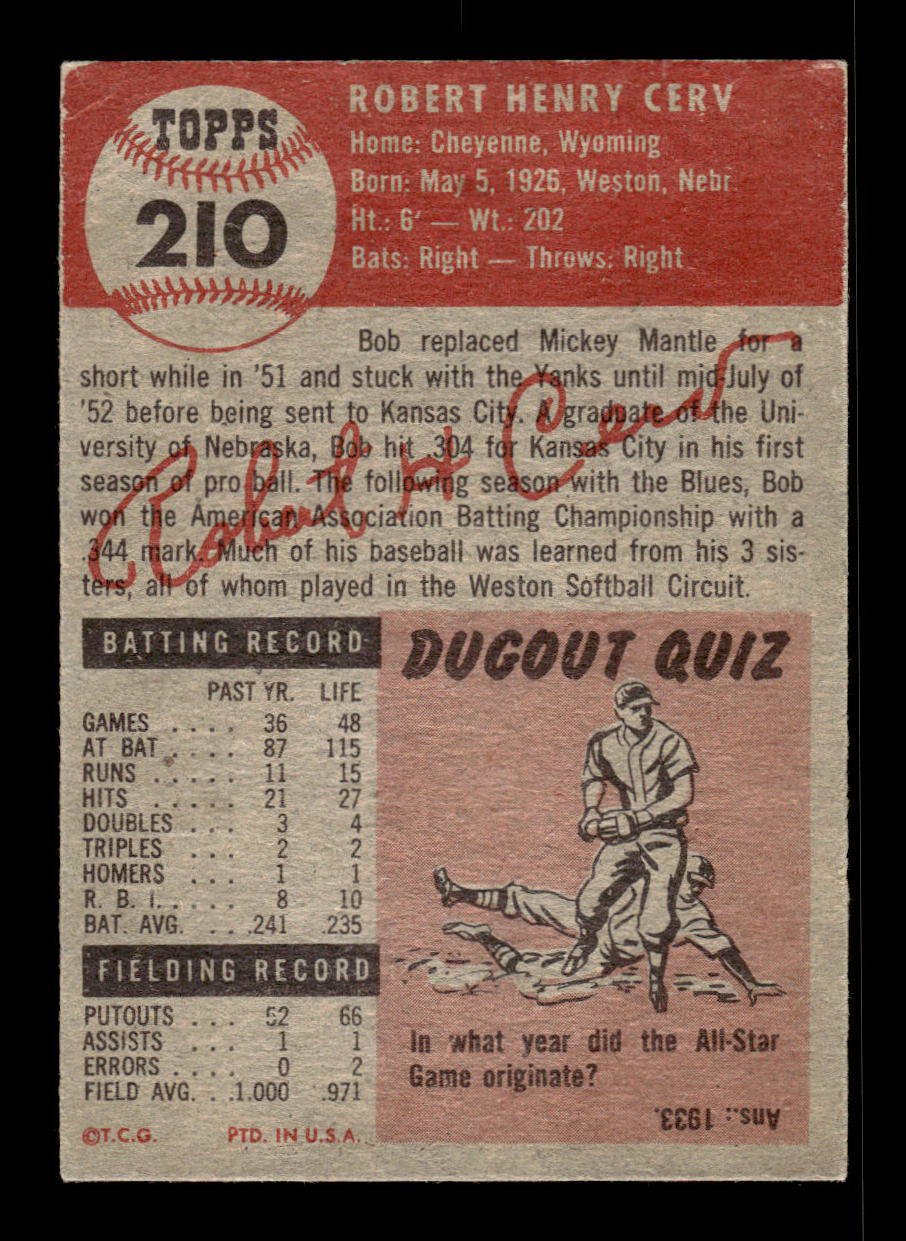 1953 Topps #210 Bob Cerv New York Yankees Crease Free EX HOF-10006567