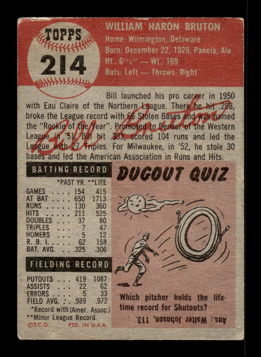 1953 Topps #214 Bill Bruton Milwaukee Braves Crease Free EX HOF-10006571