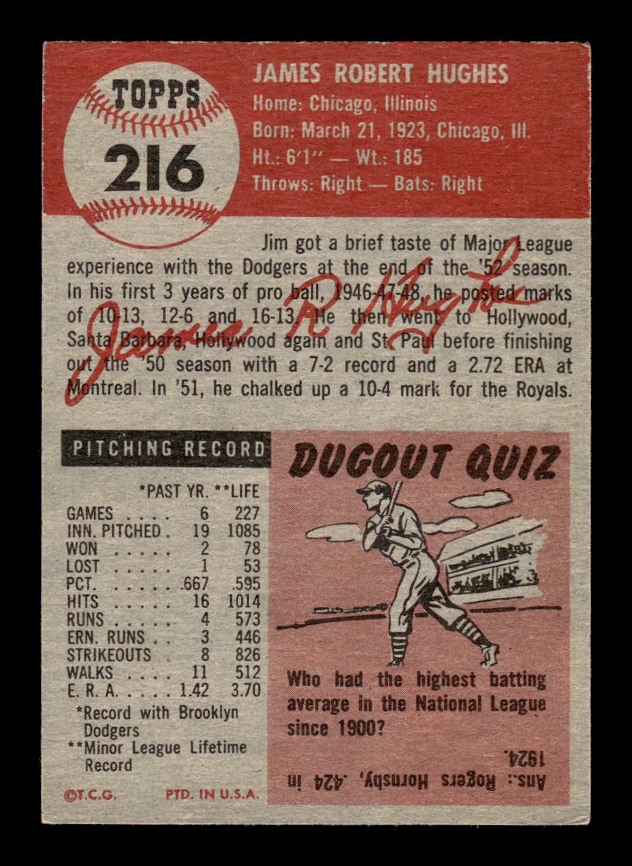 1953 Topps #216 Jim Hughes Brooklyn Dodgers Crease Free EX HOF-10006573