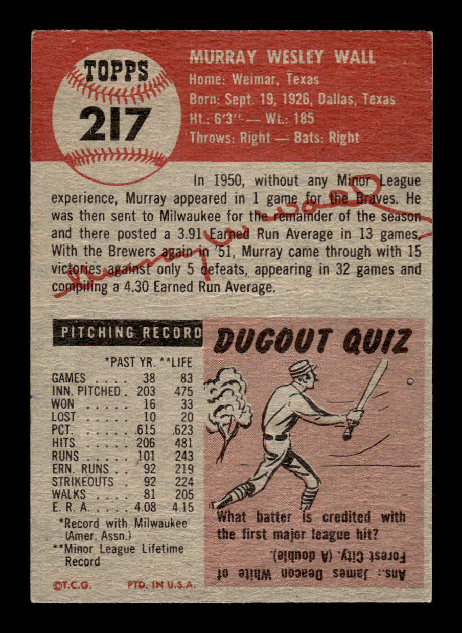1953 Topps #217 Murray Wall Milwaukee Braves Crease Free EX HOF-10006574