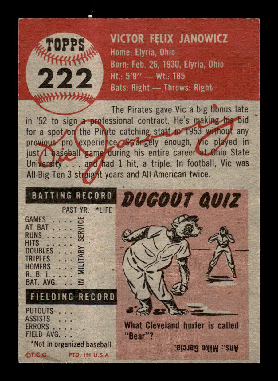 1953 Topps #222 Vic Janowicz Pittsburgh Pirates Crease Free EX HOF-10006578