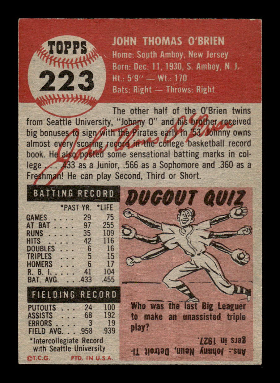 1953 Topps #223 Johnny O'Brien Pittsburgh Pirates Crease Free EX HOF-10006579