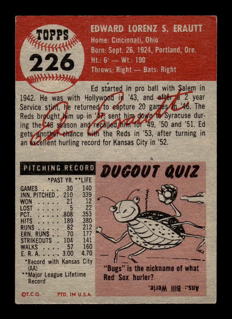 1953 Topps #226 Ed Erautt Cincinnati Reds Crease Free EX HOF-10006582