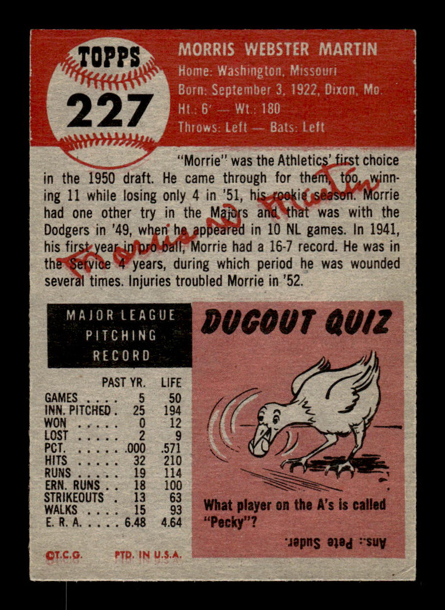 1953 Topps #227 Morris Martin Philadelphia Athletics VGEX HOF-10006583