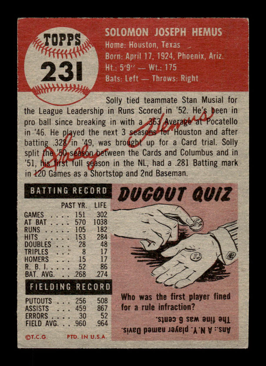 1953 Topps #231 Solly Hemus St. Louis Cardinals Crease Free EXMT HOF-10006587