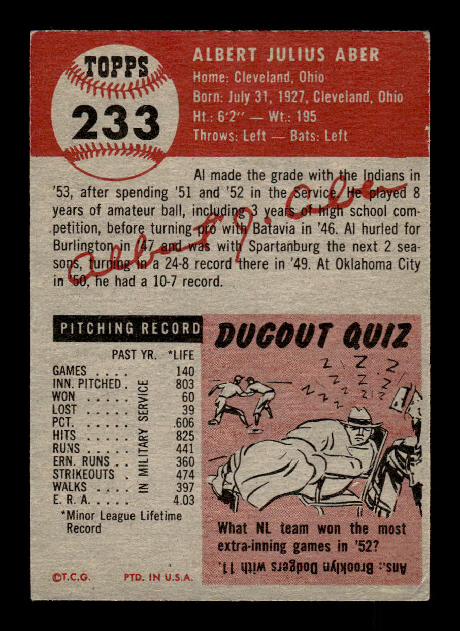 1953 Topps #233 Al Aber Cleveland Indians Crease Free VGEX HOF-10006589