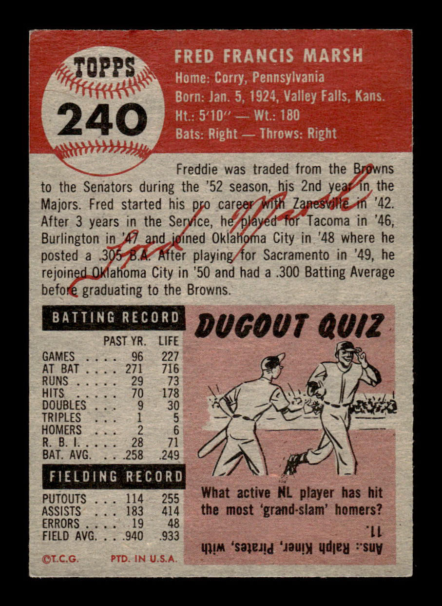 1953 Topps #240 Freddie Marsh Chicago White Sox Crease Free EX HOF-10006596