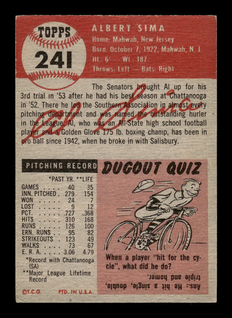 1953 Topps #241 Al Sima Washington Senators Crease Free EX HOF-10006597