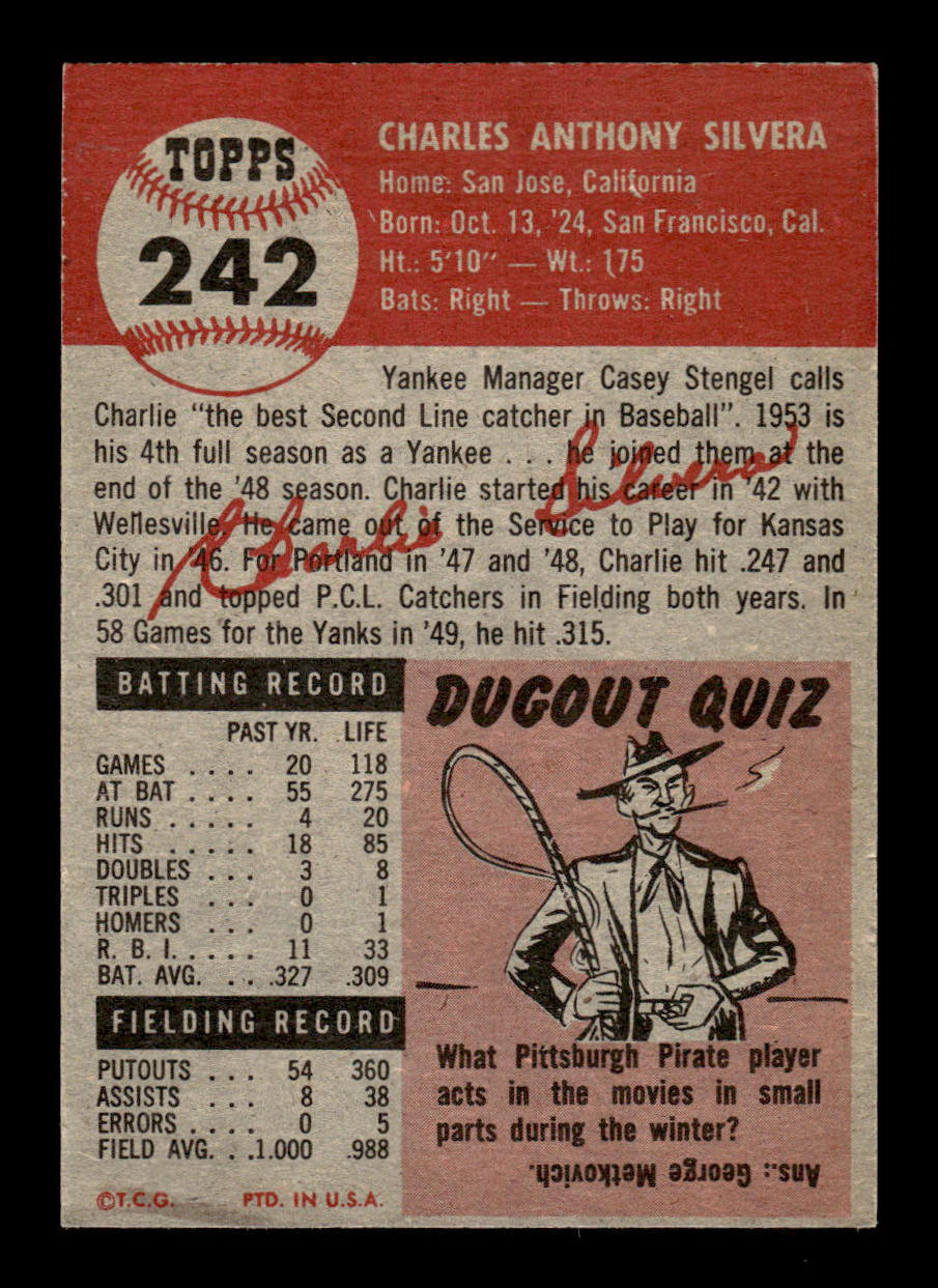 1953 Topps #242 Charlie Silvera New York Yankees Crease Free EX HOF-10006598