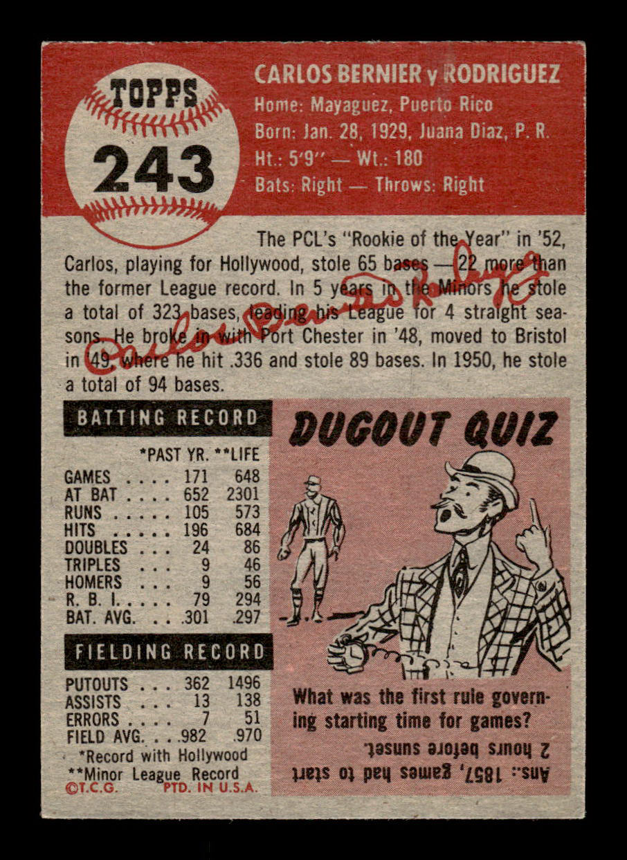 1953 Topps #243 Carlos Bernier Pittsburgh Pirates Crease Free EX HOF-10006599