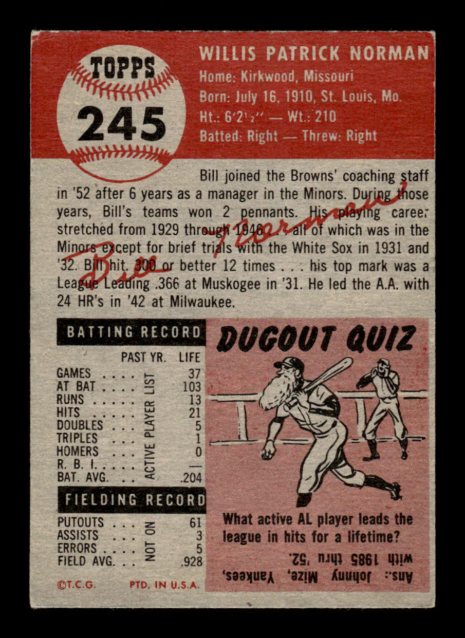 1953 Topps #245 Bill Norman St. Louis Browns Crease Free EX HOF-10006600