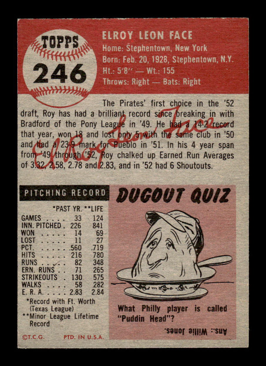 1953 Topps #246 Roy Face Pittsburgh Pirates Crease Free EX HOF-10006601
