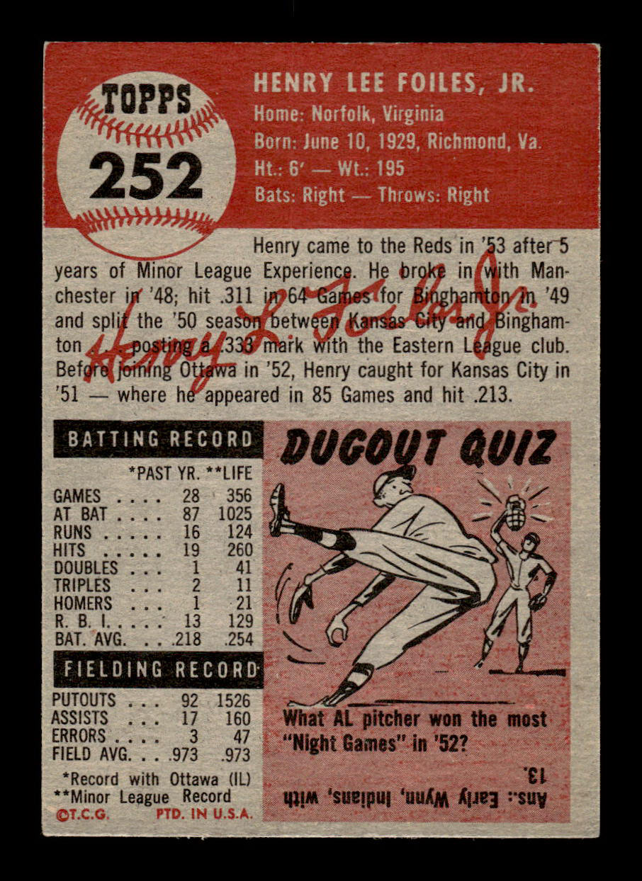 1953 Topps #252 Henry Foiles Cincinnati Reds Crease Free EX HOF-10006607