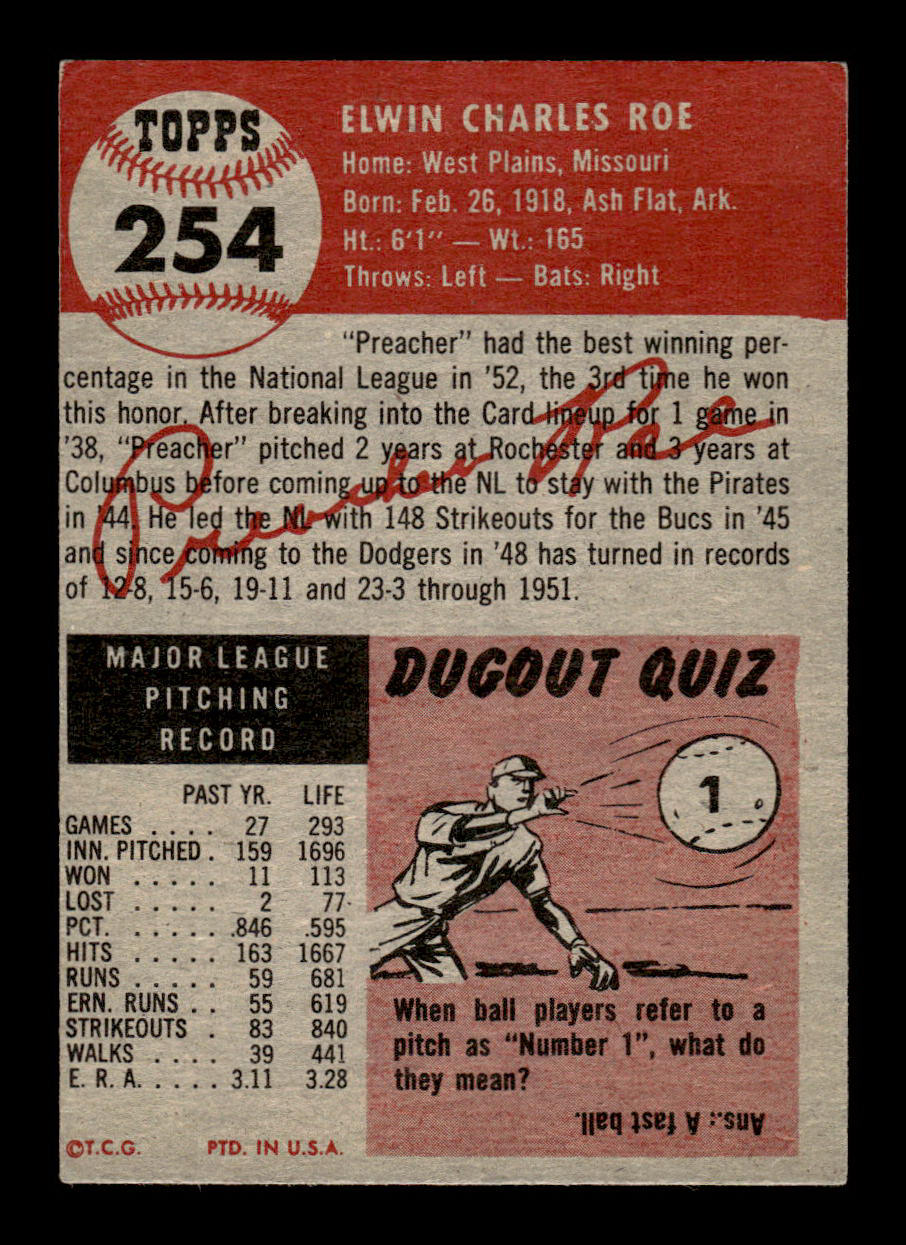 1953 Topps #254 Preacher Roe Brooklyn Dodgers Crease Free EX HOF-10006608