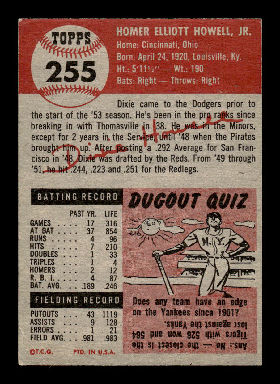 1953 Topps #255 Dixie Howell Brooklyn Dodgers Crease Free EX HOF-10006609