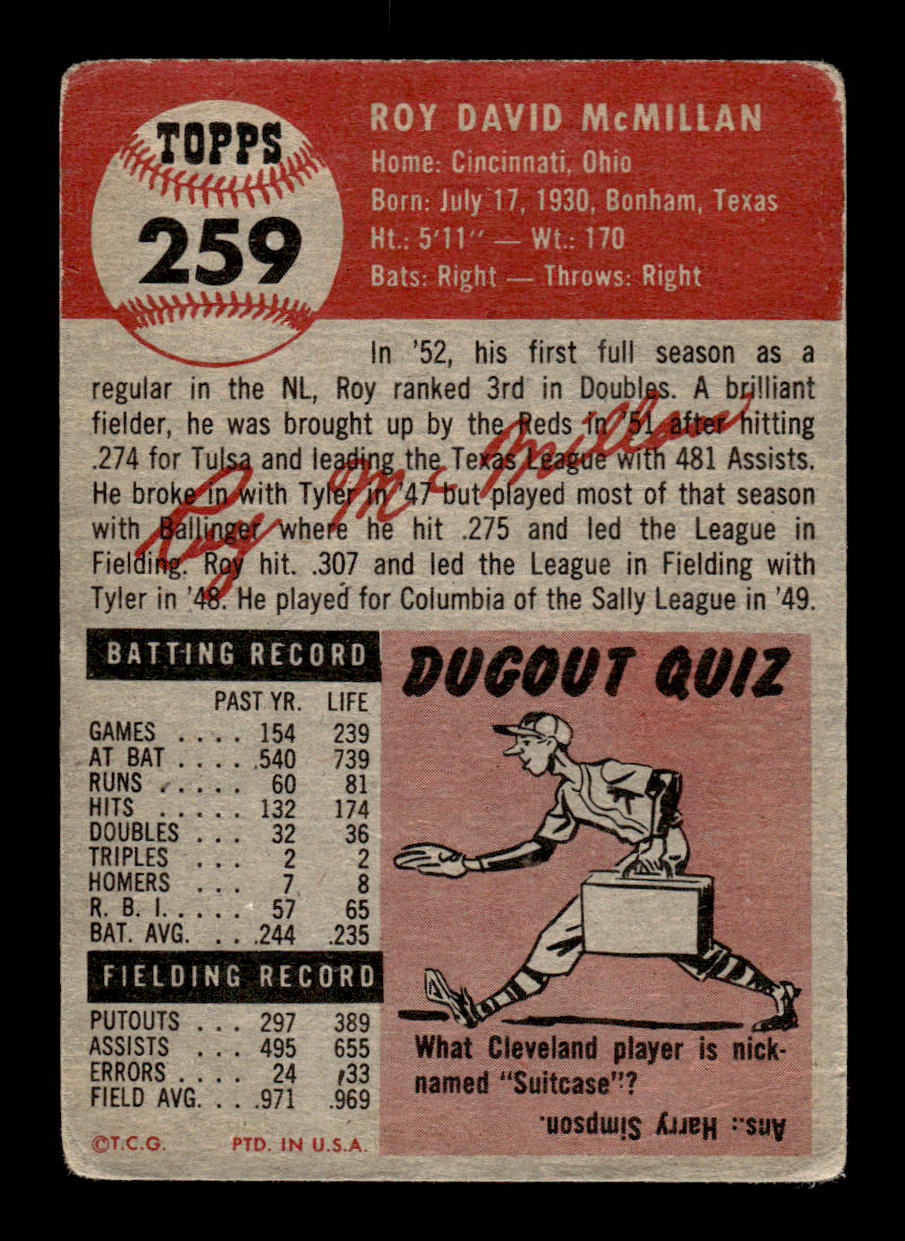 1953 Topps #259 Roy McMillan Cincinnati Reds VG HOF-10006613