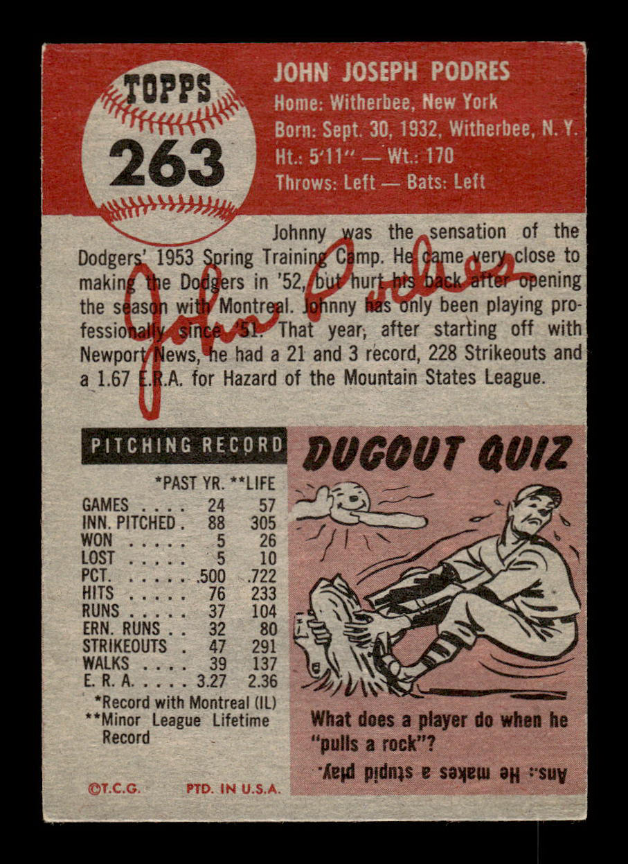 1953 Topps #263 John Podres Brooklyn Dodgers Crease Free EX HOF-10006616