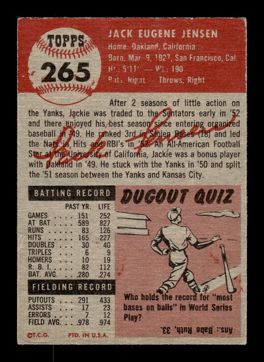 1953 Topps #265 Jackie Jensen Washington Senators Crease Free EX HOF-10006618