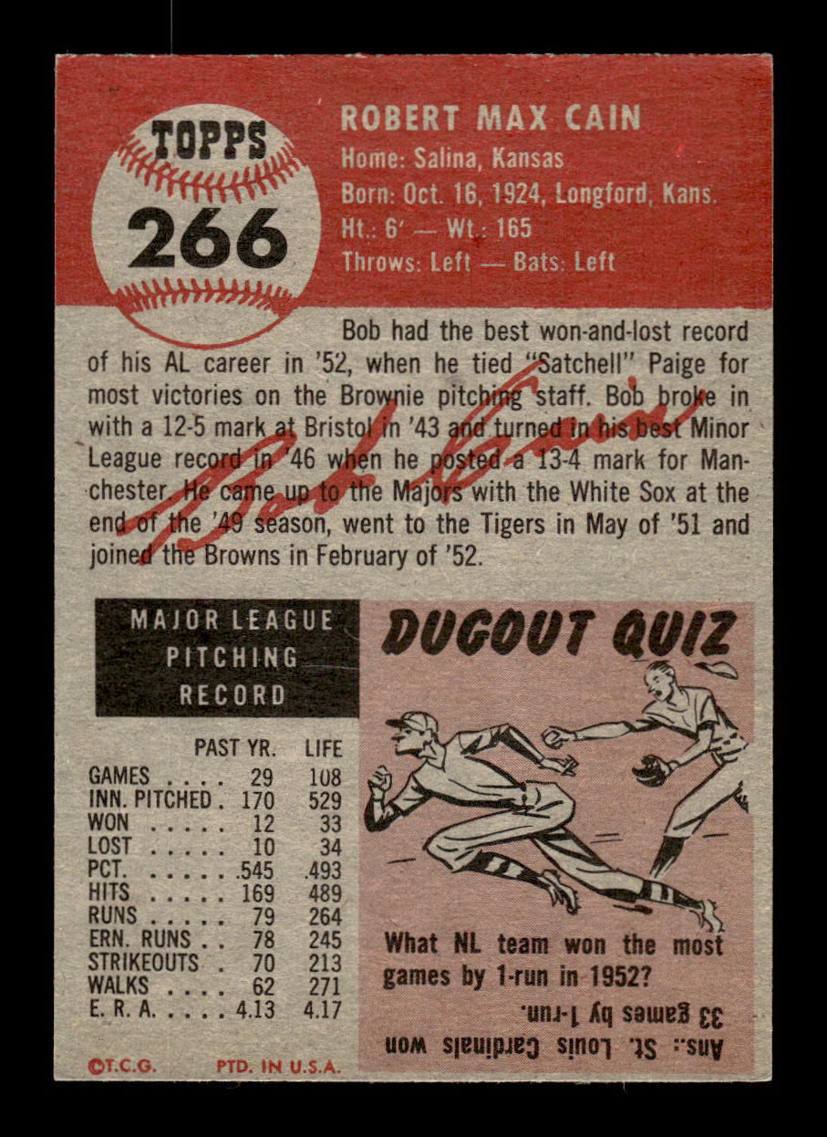 1953 Topps #266 Bob Cain St. Louis Browns Crease Free EX HOF-10006619