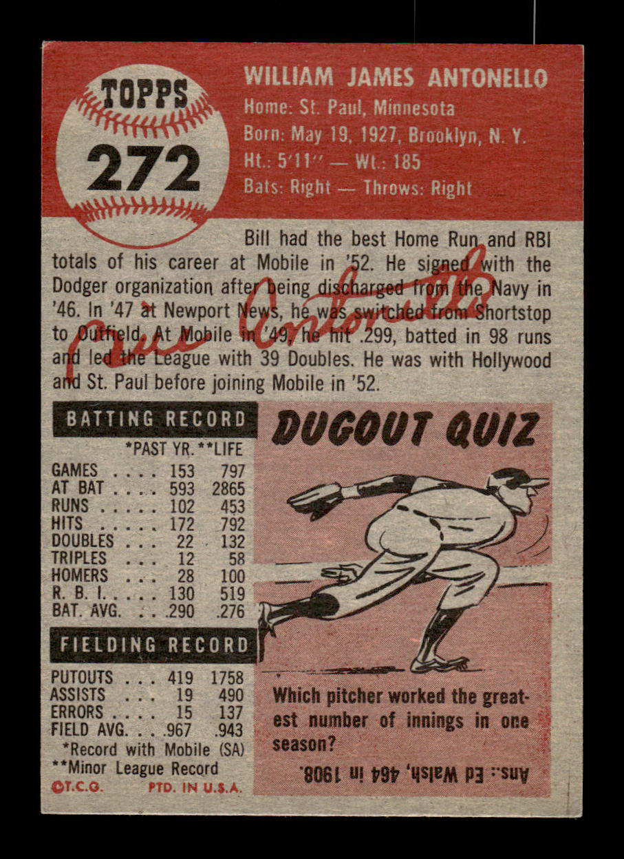 1953 Topps #272 Bill Antonello Brooklyn Dodgers Crease Free EX HOF-10006622