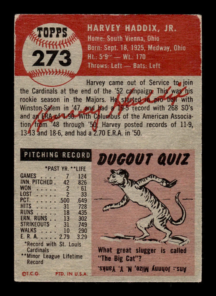 1953 Topps #273 Harvey Haddix St. Louis Cardinals Crease Free EX HOF-10006623
