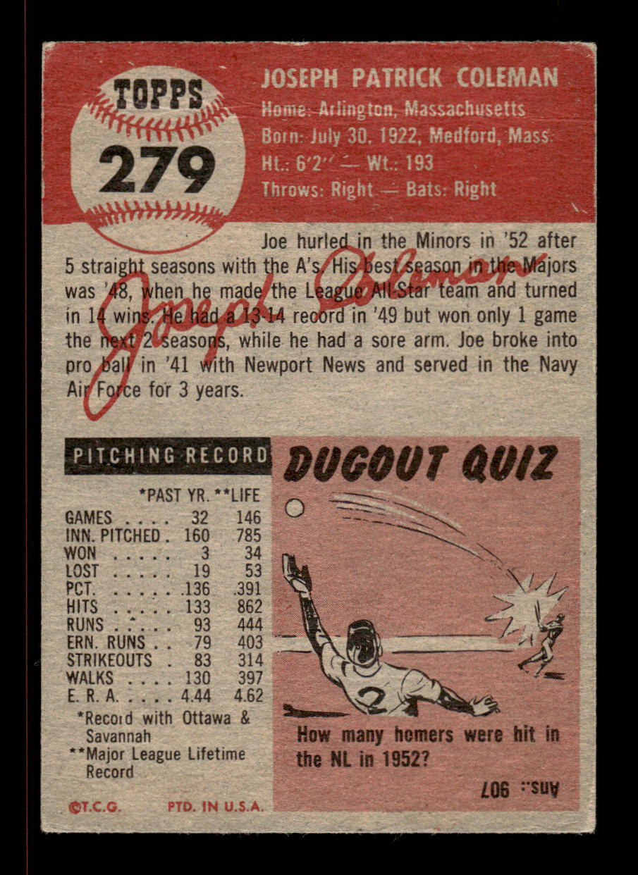 1953 Topps #279 Joe Coleman Philadelphia Athletics Crease Free EX HOF-10006628