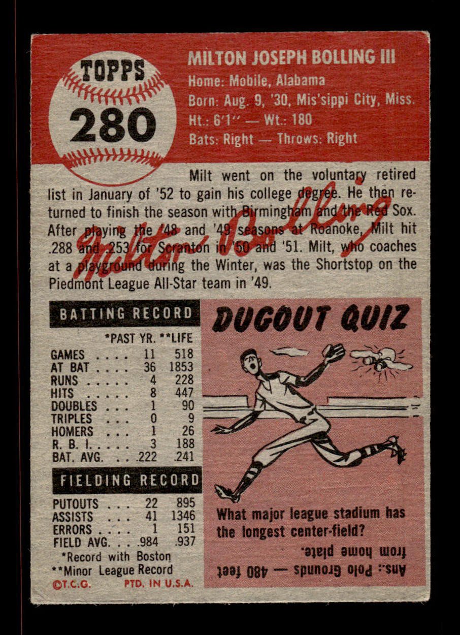 1953 Topps #280 Milt Bolling Boston Red Sox Crease Free EX HOF-10006629