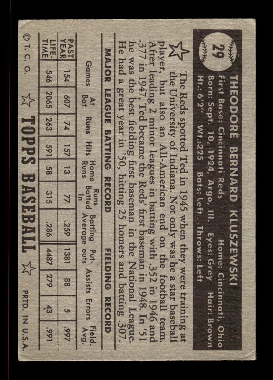 1952 Topps #29 black Ted Kluszewski Cincinnati Reds Crease Free EX HOF-10006657