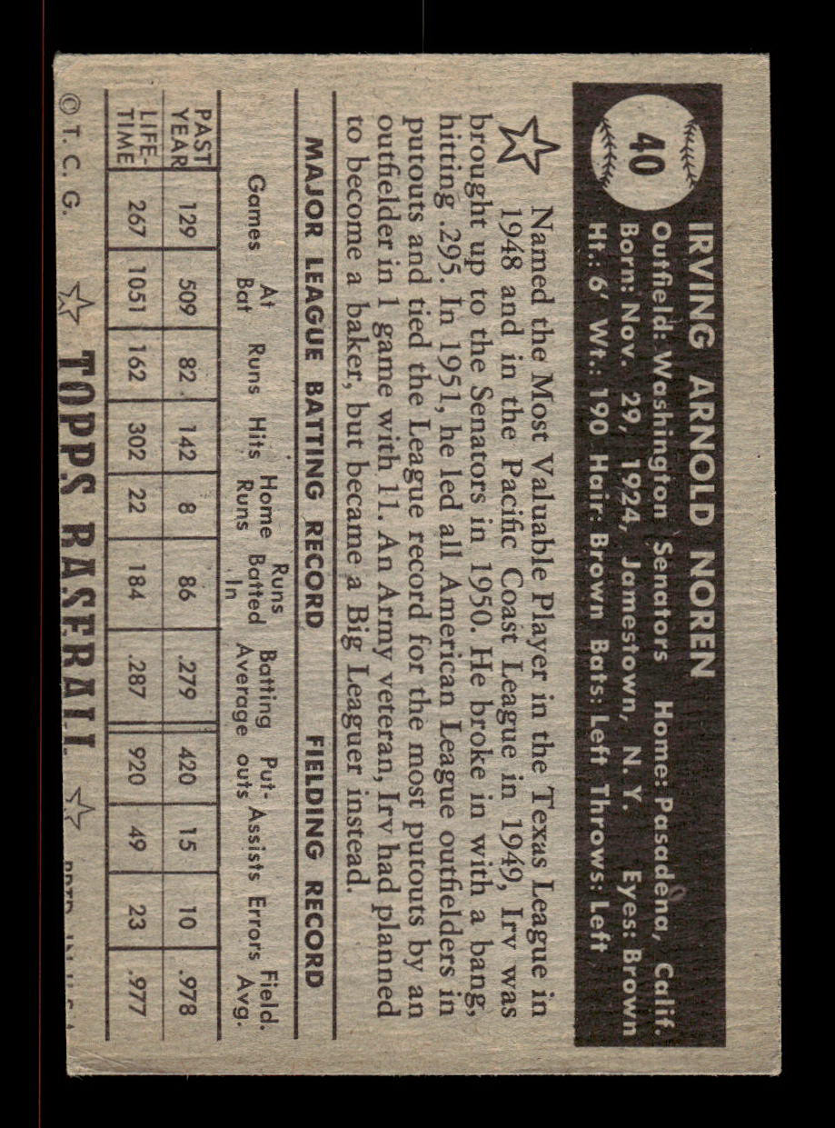 1952 Topps #40 black Irv Noren Washington Senators Crease Free EX HOF-10006667