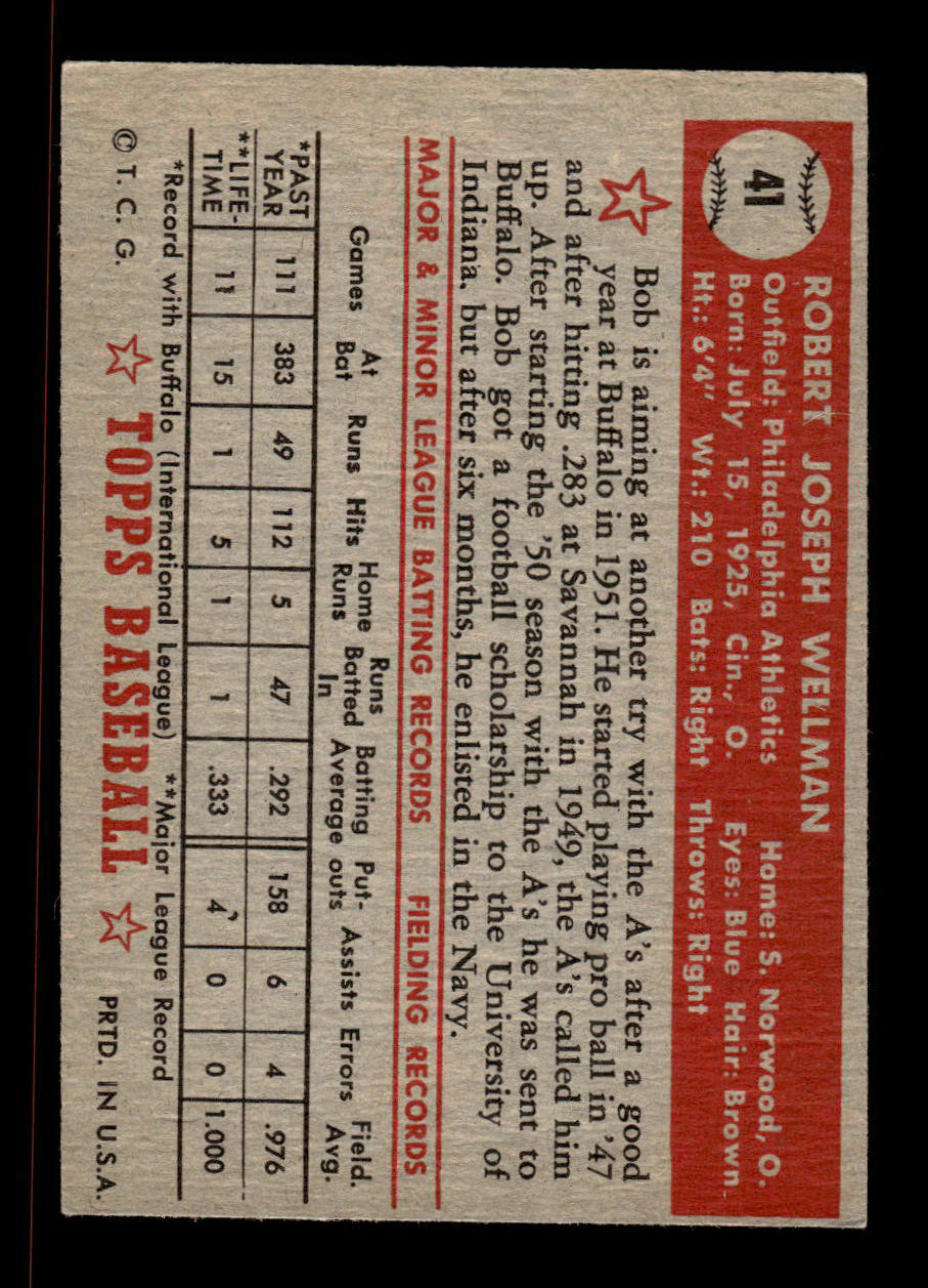 1952 Topps #41 Bob Wellman Philadelphia Athletics Crease Free EX HOF-10006668