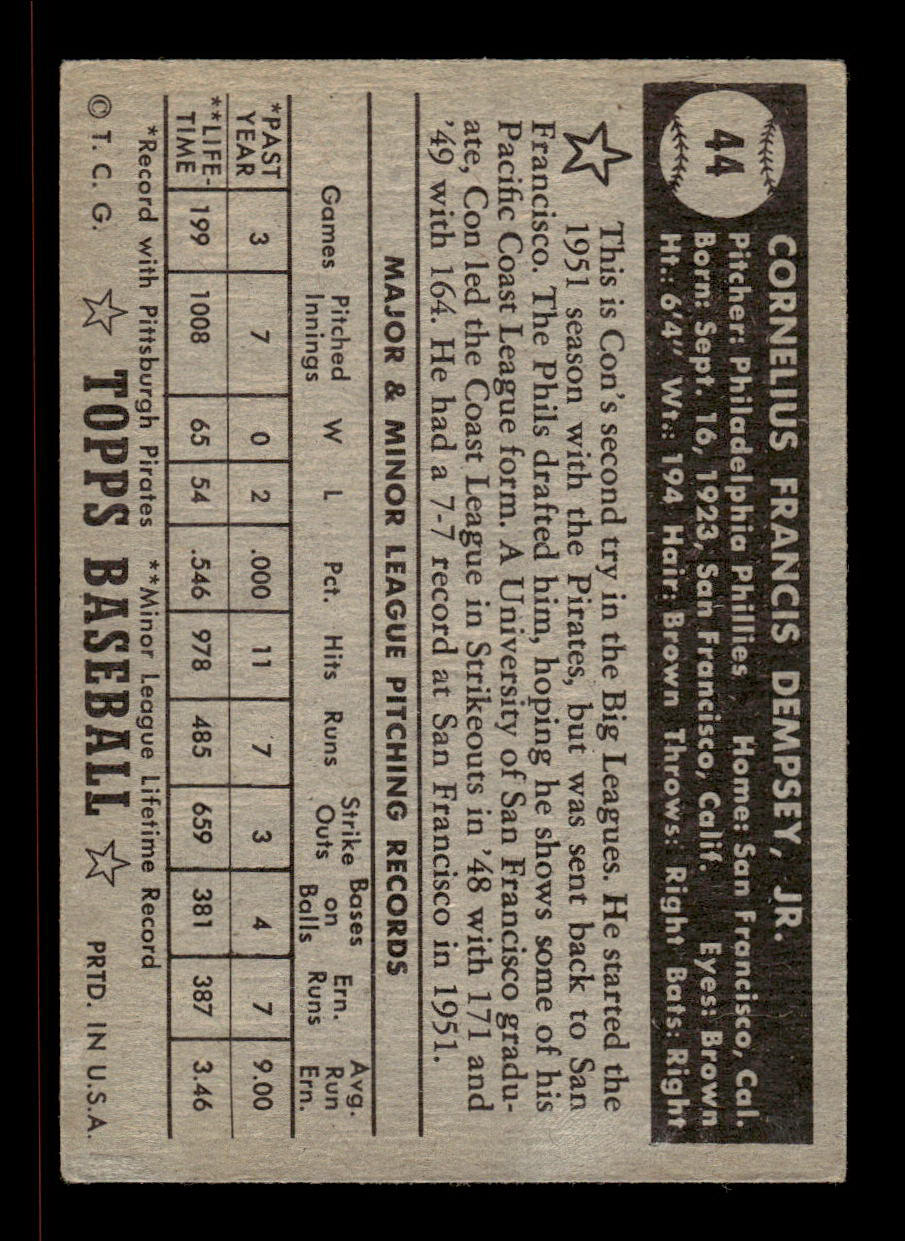 1952 Topps #44 black Con Dempsey Philadelphia Phillies EX HOF-10006671