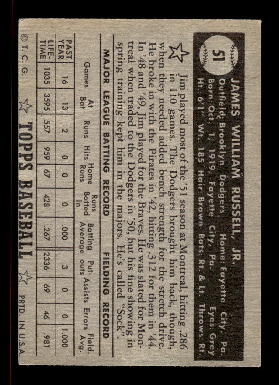 1952 Topps #51 black Jim Russell Brooklyn Dodgers VGEX HOF-10006678