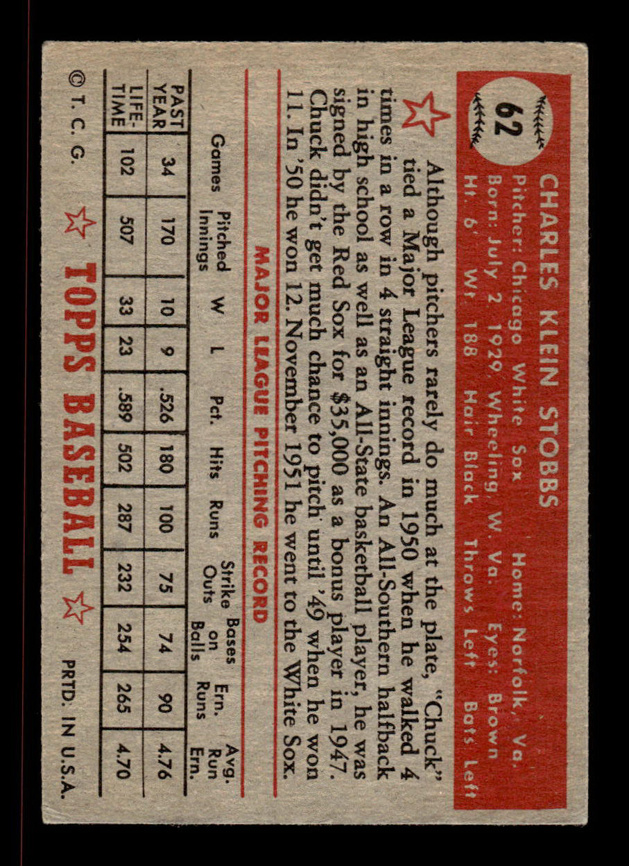 1952 Topps #62 Chuck Stobbs Chicago White Sox EXMT HOF-10006688
