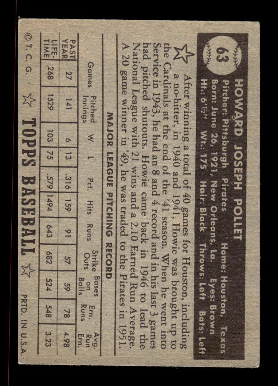 1952 Topps #63 black Howie Pollet Pittsburgh Pirates ST EX HOF-10006689