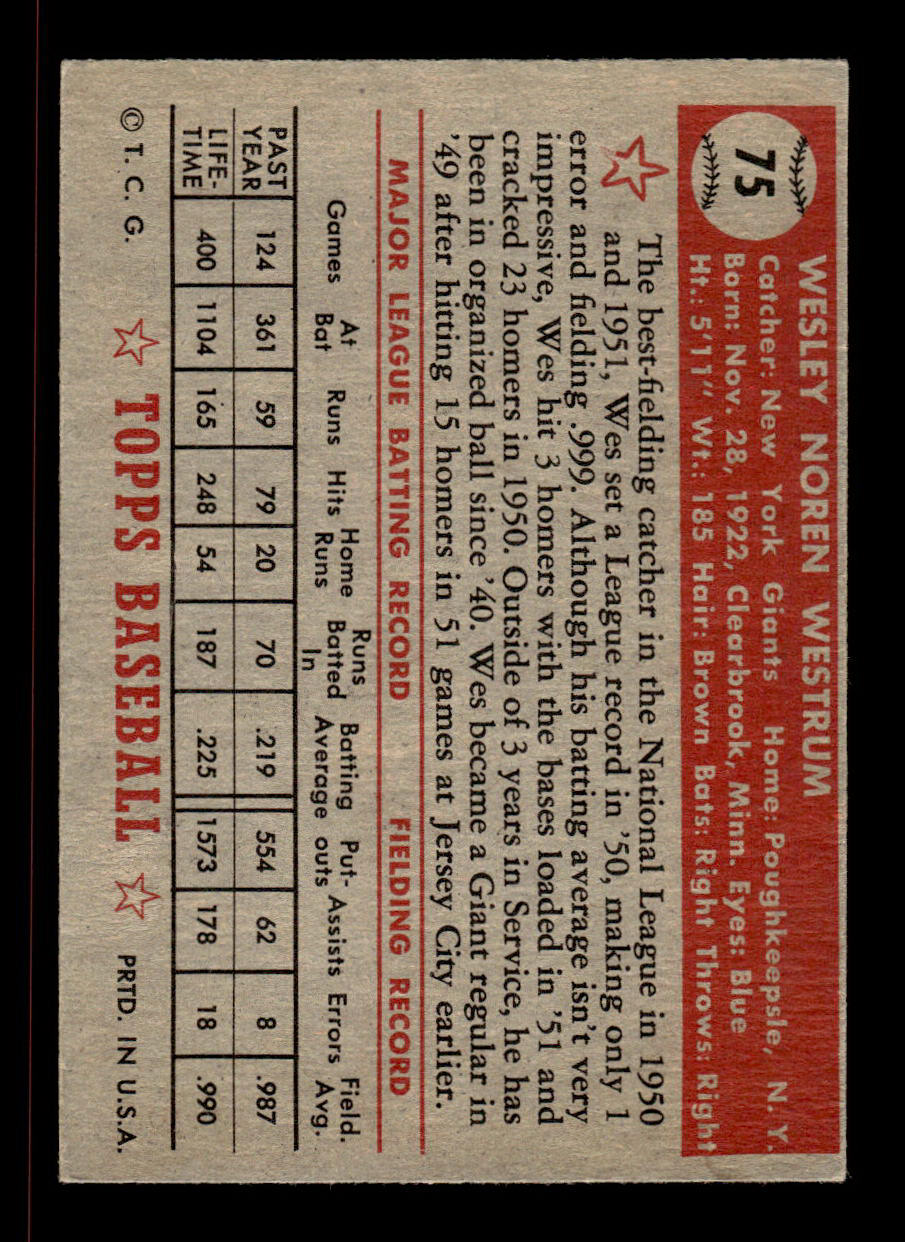 1952 Topps #75 Wes Westrum New York Giants Crease Free EX HOF-10006701