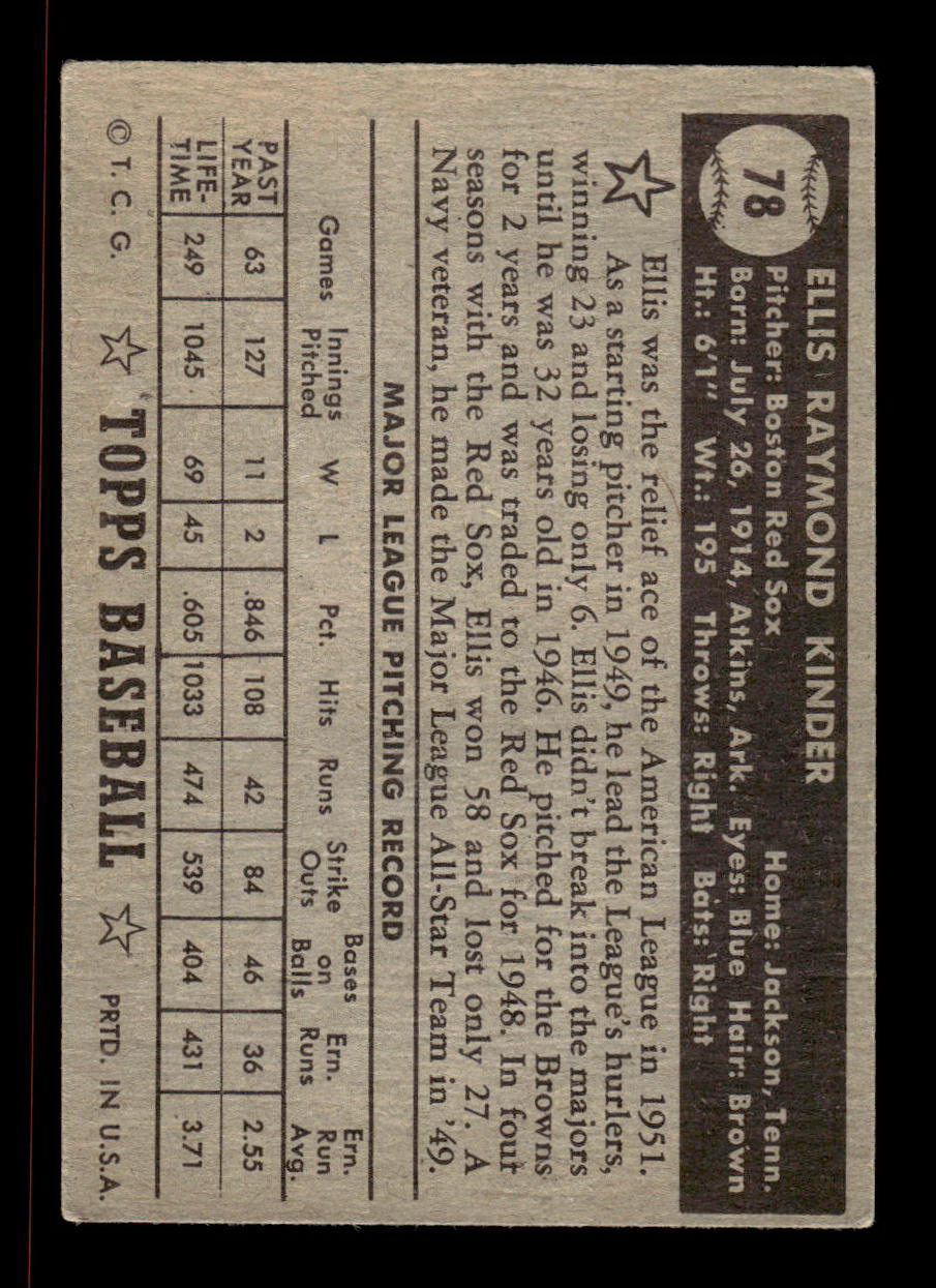 1952 Topps #78 black Ellis Kinder Boston Red Sox Crease Free EX HOF-10006704
