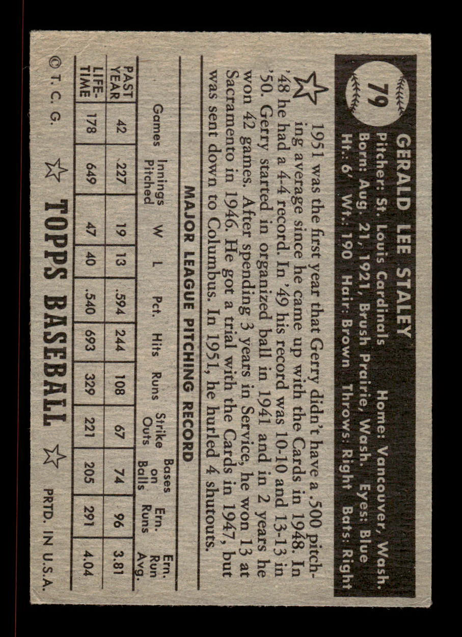 1952 Topps #79 black Jerry Staley St. Louis Cardinals EX HOF-10006705