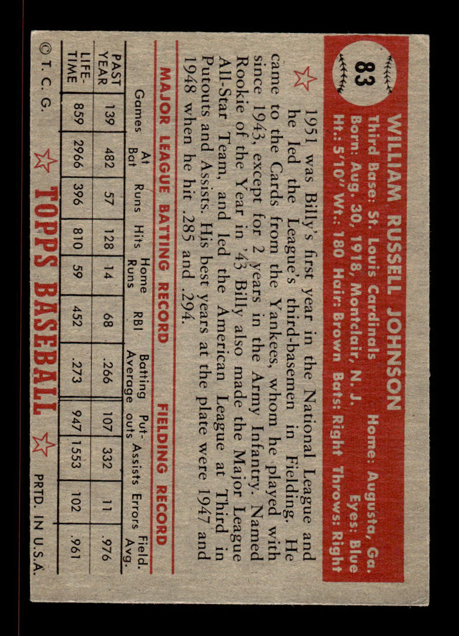 1952 Topps #83 Billy Johnson St. Louis Cardinals Crease Free EX HOF-10006709