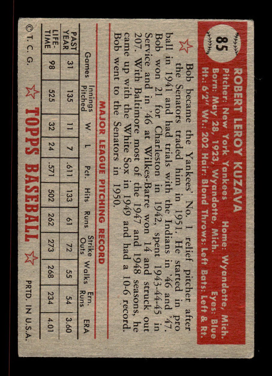 1952 Topps #85 Bob Kuzava New York Yankees Crease Free EX HOF-10006711