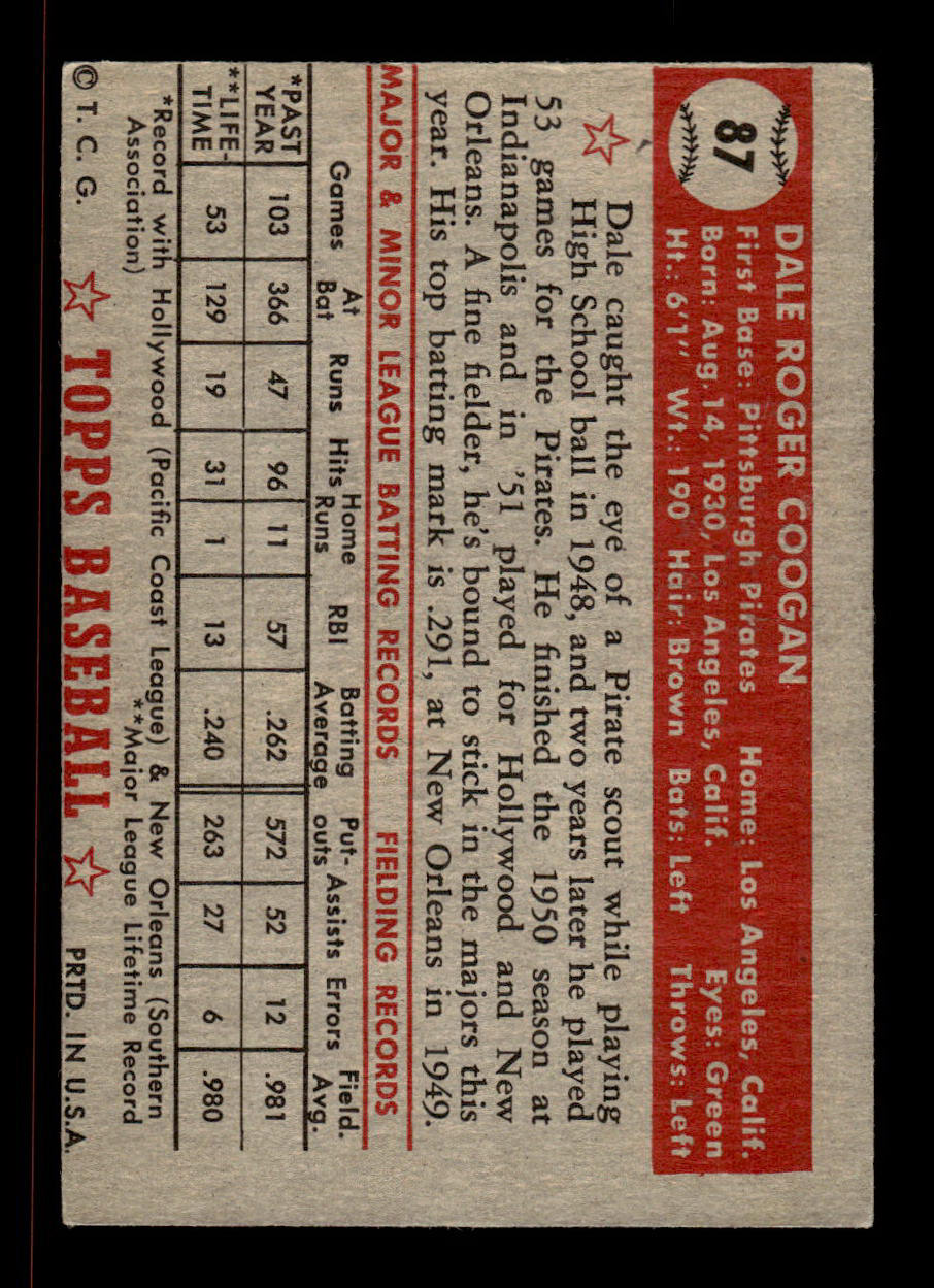 1952 Topps #87 Dale Coogan Pittsburgh Pirates Crease Free EX HOF-10006713