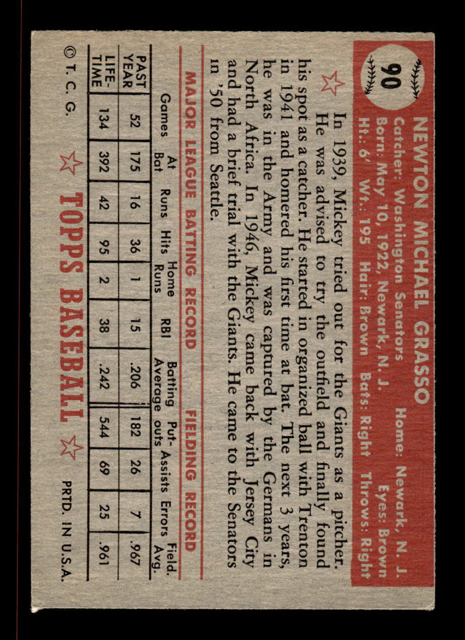 1952 Topps #90 Mickey Grasso Washington Senators Crease Free EX HOF-10006716