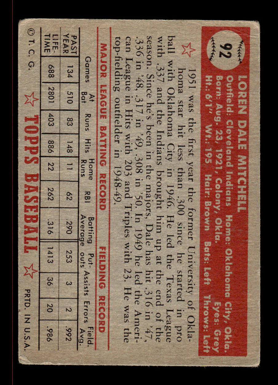 1952 Topps #92 Dale Mitchell Cleveland Indians VG HOF-10006718