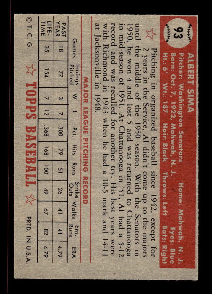 1952 Topps #93 Al Sima Washington Senators Crease Free EX HOF-10006719